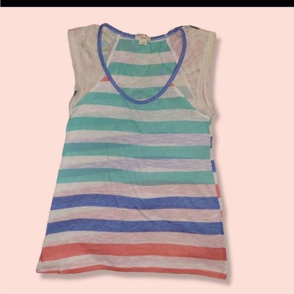 𝅺Scoop neck, stripe graphic tee, fishnet shoulder sleeves, sheer all over - Picture 1 of 4